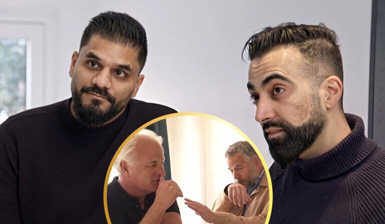Nayan (rechts) en Eshan (links) in hun appartement in Rotterdam met als inzet een kokhalzende Bob Sikkes en Tijl Beckand in aflevering 4 van De Moeite Waard 2025.