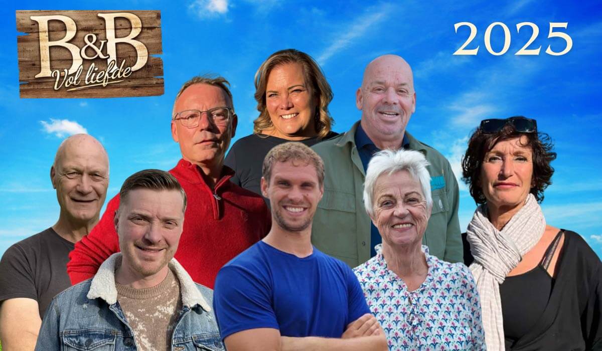 Een overzicht van alle deelnemers van het RTL4-programma B&B Vol Liefde 2025 met v.l.n.r. Rob Kamphuis, Daniël Zuiddam, Illya Rijnberg, Dick Lock, Eveline Engels, Jean-Paul Coco Schoons, Magda van der Linde en Ingrid Peeters.
