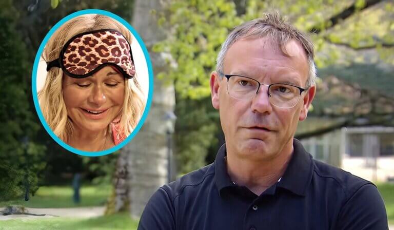 Sylwia met panterprint slaapmasker en roze badjas (inzet) en Illya in Frankrijk tijdens aflevering 28 van B&B Vol Liefde 2025.